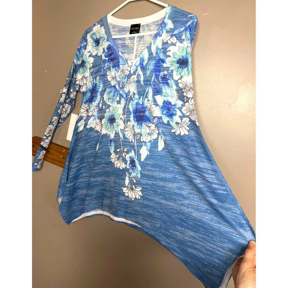 Inoah Art to Wear Top Blue Bold Floral Knit Handkerchief Lightweight Tunic Wom M - Picture 6 of 7